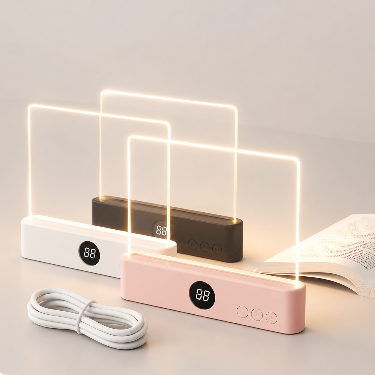 PageLight reading screens, lit, in three colours
